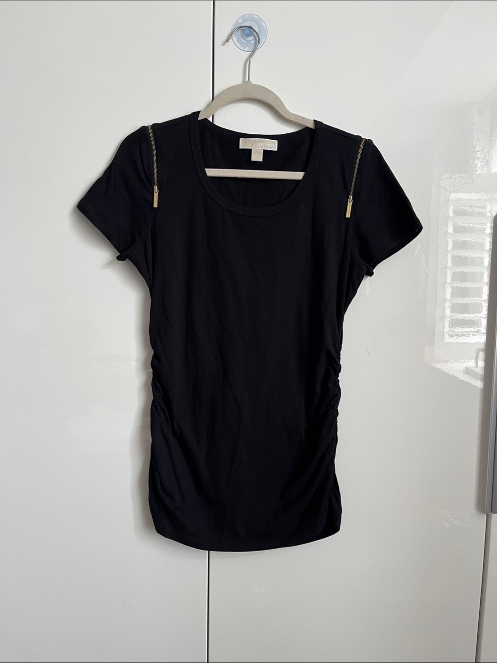 Michael Kors Black Short-Sleeve Tee with Gold Zipper Cold Shoulder Detail, SizeM